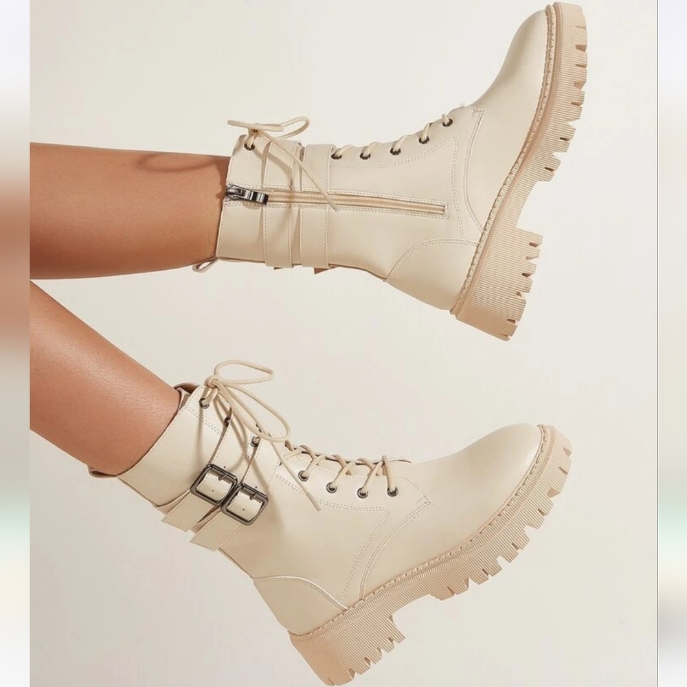 SHEIN Buckle Decor Side Zip Lace-up Front Combat Boots Biege